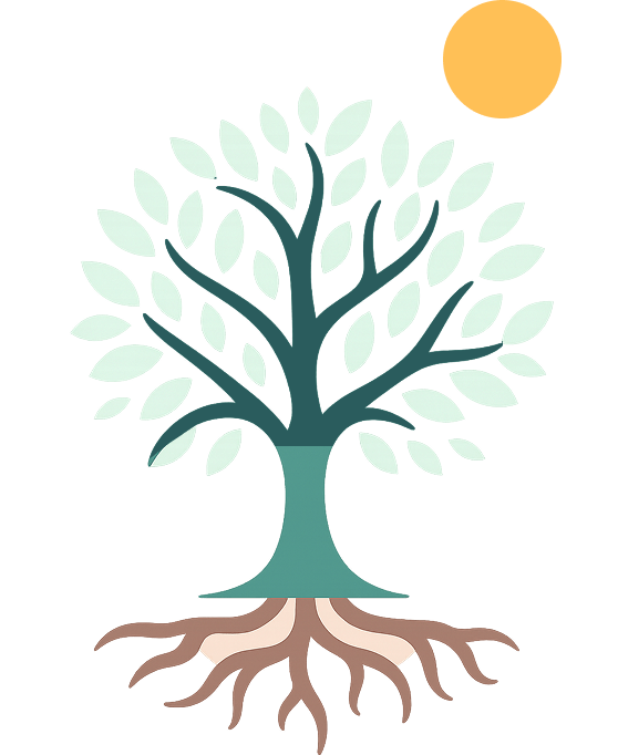 Cortica's whole-child tree: roots, trunk, branches, leaves, and sunlight